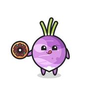 illustration of an turnip character eating a doughnut vector