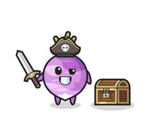 the turnip pirate character holding sword beside a treasure box vector