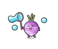 happy turnip cartoon playing soap bubble vector