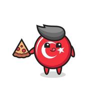 lindo pavo bandera insignia dibujos animados comiendo pizza vector