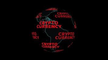 World map with cryptocurrency digital red text rotating video