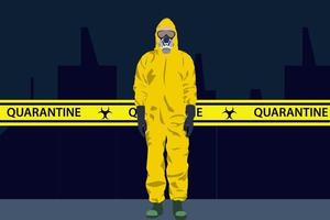 Ilustración de hombre vestido con trajes de materiales peligrosos y cinta amarilla de cuarentena.
