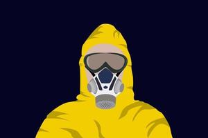 A image man in protective hazmat suit isolated on blue background.