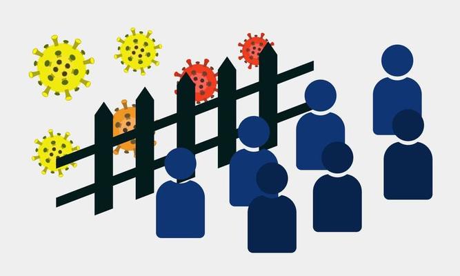 Illustration of people isolated from virus with fence protection.