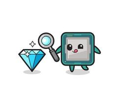 processor mascot is checking the authenticity of a diamond vector