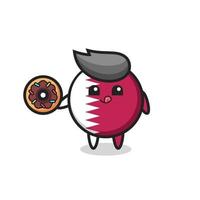 illustration of an qatar flag badge character eating a doughnut vector