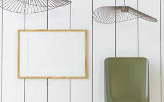 Picture frame on the wall with hanging lamp photo