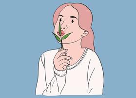 Young girl blowing green leaves with her lip. vector