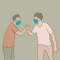 Two people with mask, greet by bumping elbows