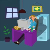 Man watching movie and drinking soda on chair in office.eps vector