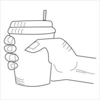 Hand hold a coffe cup. Line art vector
