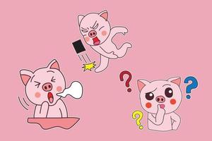 set of bundle of illustrations of cartoon pig stickers vector