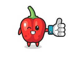 cute red bell pepper with social media thumbs up symbol vector