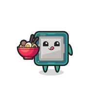 lindo personaje procesador comiendo fideos vector