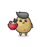 cute potato character eating noodles vector