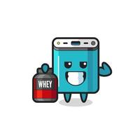 the muscular power bank character is holding a protein supplement vector