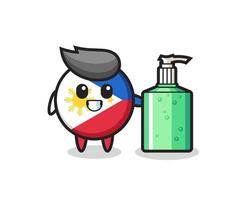 Cute dibujos animados de la insignia de la bandera de Filipinas con desinfectante de manos vector