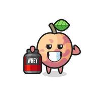 the muscular pluot fruit character is holding a protein supplement vector