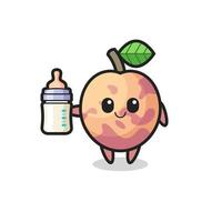 baby pluot fruit cartoon character with milk bottle vector