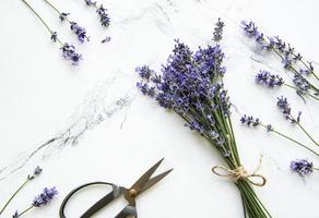 Lavender flowers, scissors and rope photo
