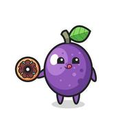 illustration of an passion fruit character eating a doughnut vector