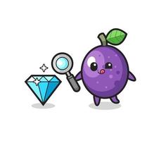 La mascota de la fruta de la pasión está comprobando la autenticidad de un diamante. vector