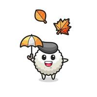 cartoon of the cute rice ball holding an umbrella in autumn vector