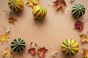 decoración de otoño con calabazas y hojas secas. foto