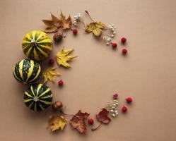 decoración de otoño con calabazas y hojas secas.
