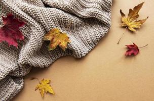 Jersey de lana de punto o cuadros escoceses, hojas secas sobre fondo marrón foto