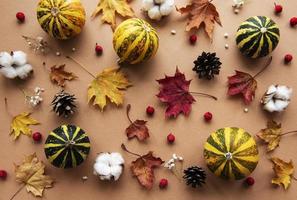 Autumn decoration with pumpkins and dry leaves photo