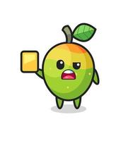 cartoon mango character as a football referee giving a yellow card vector