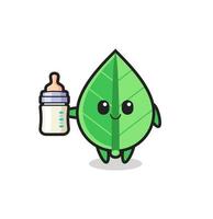 personaje de dibujos animados de hoja de bebé con botella de leche vector