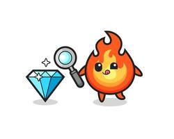 mascota de fuego está comprobando la autenticidad de un diamante. vector