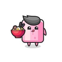 cute marshmallow character eating noodles vector