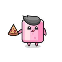 cute marshmallow cartoon eating pizza vector