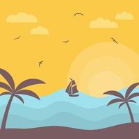 puesta de sol de mar con barco y palmeras. Ilustración de vector de paisaje.