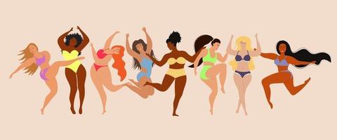 concepto bodypositive con mujeres de diferentes tamaños y razas. vector