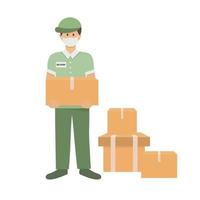 Delivery man in a face mask with a box in his hands. vector