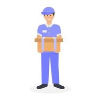 Delivery man in a blue uniform with a box in his hands. vector