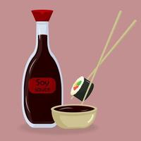 botella de vidrio de salsa de soja, cuenco y palillos con rollo de sushi japonés. vector