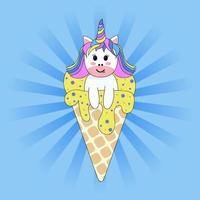 Cute little unicorn in a waffle cone on blue background. vector