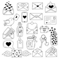 Love messages, envelopes with heart icon set in doodle style. vector