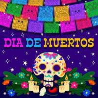 dia de muertos con decoración de papel picado vector