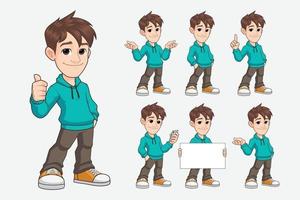 set of young man cartoon mascot character in casual clothes vector
