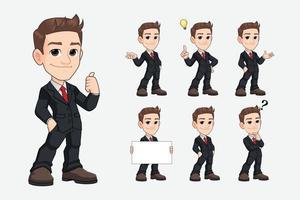 Conjunto de personaje de mascota de dibujos animados de joven empresario en traje negro vector