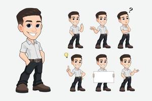 set of young businessman cartoon mascot character in casual clothes vector