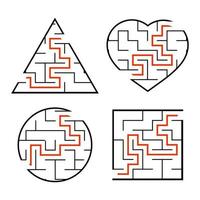 A set of mazes. Circle, square, triangle, heart. Game for kids. Puzzle for children. One entrances, one exit. Labyrinth conundrum. Flat vector illustration isolated on white background. With answer.