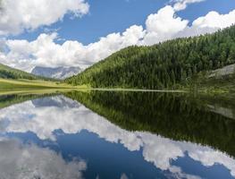 The Dolomites reflected in Lake Calaita in San Martino Di Castrozza, Trento, Italy