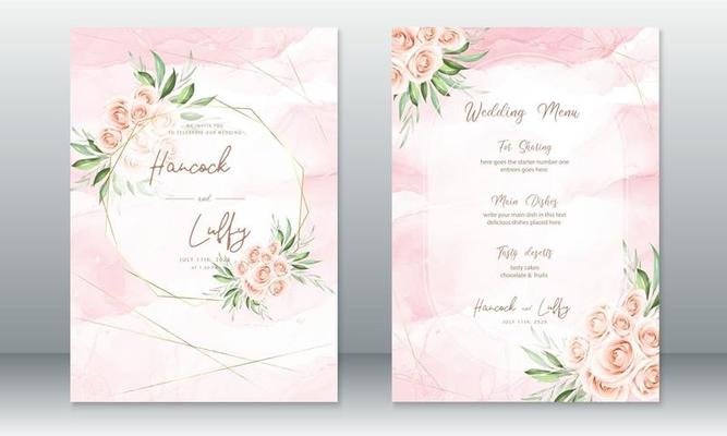 Wedding invitation card with golden frame and rose bouquet